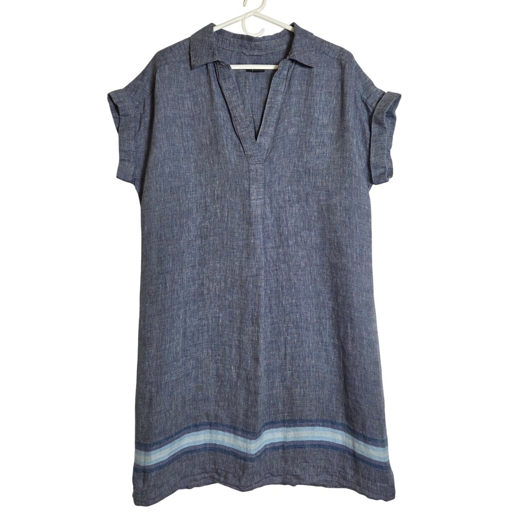 Talbots 100% Linen Blue Striped Hem Shift Dress Split Collar Neck Coastal Vaca